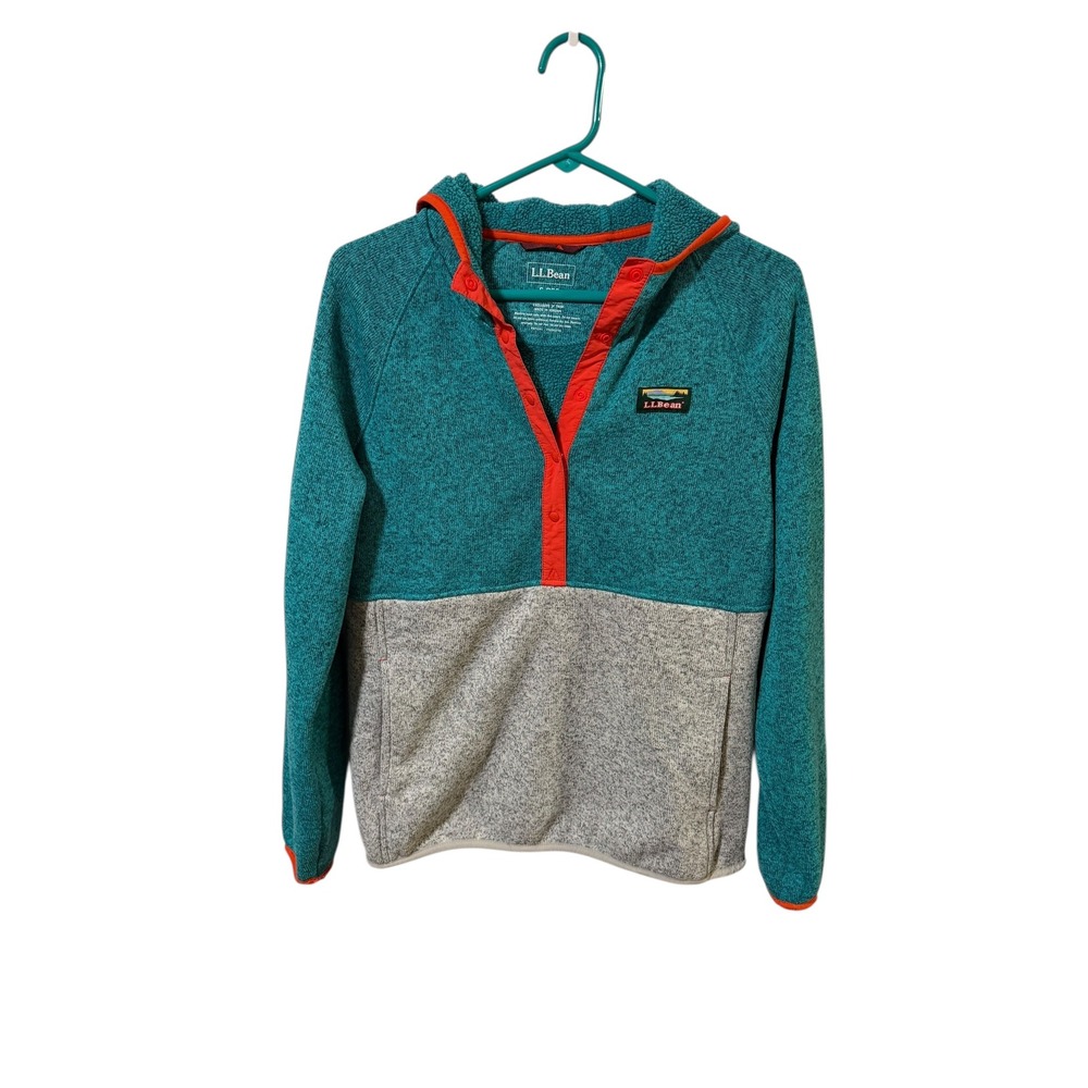 LL Bean Size Small Teal Gray Fleece Pullover Hoodie Snap Front